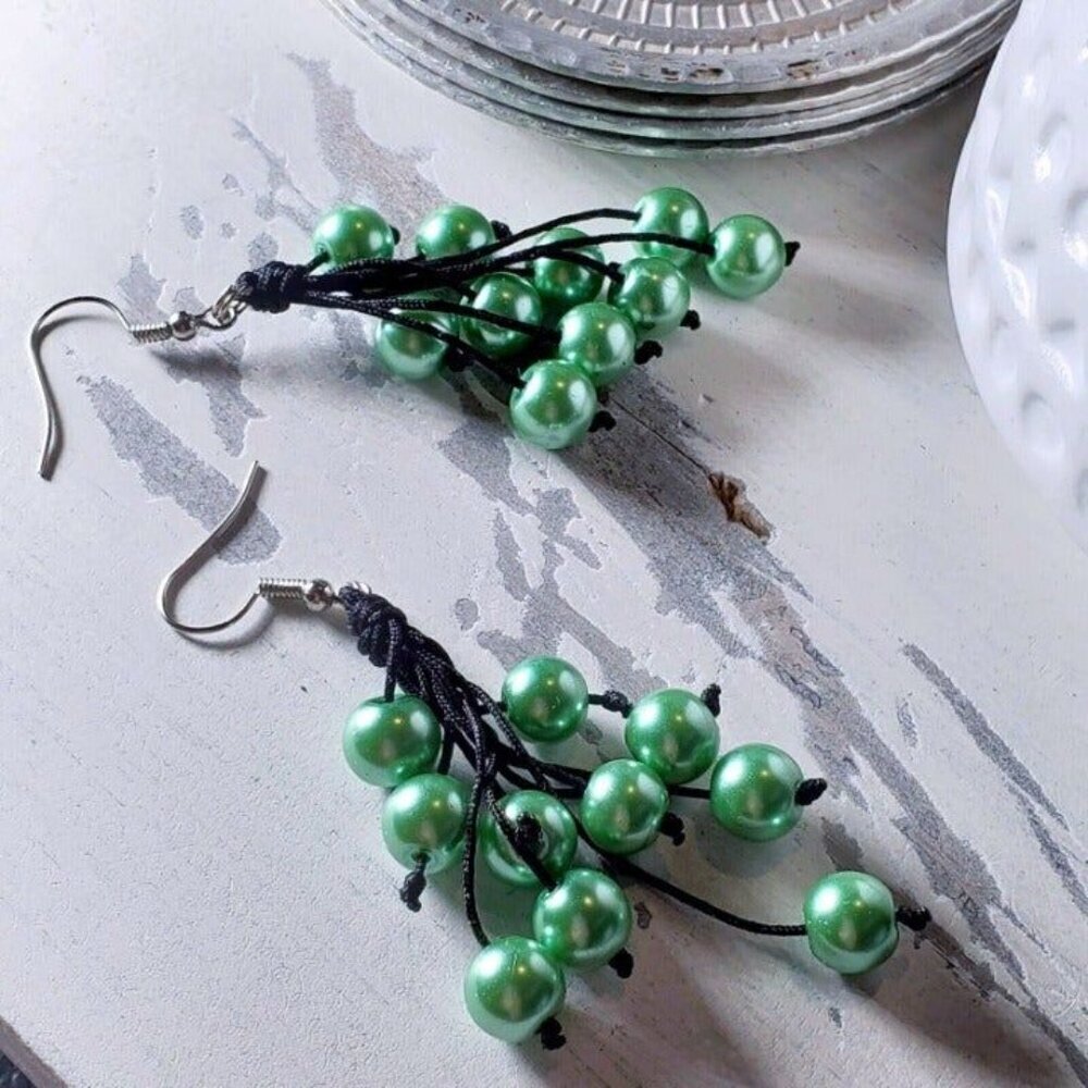 Handcrafted Green Glass Pearl Bauble Beads Black Silk Cord Long Earrings